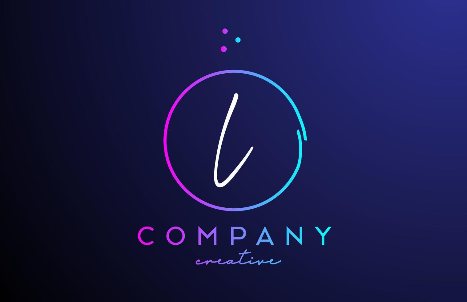 L handwritten alphabet letter logo with dots and pink blue circle. Corporate creative template design for business and company vector