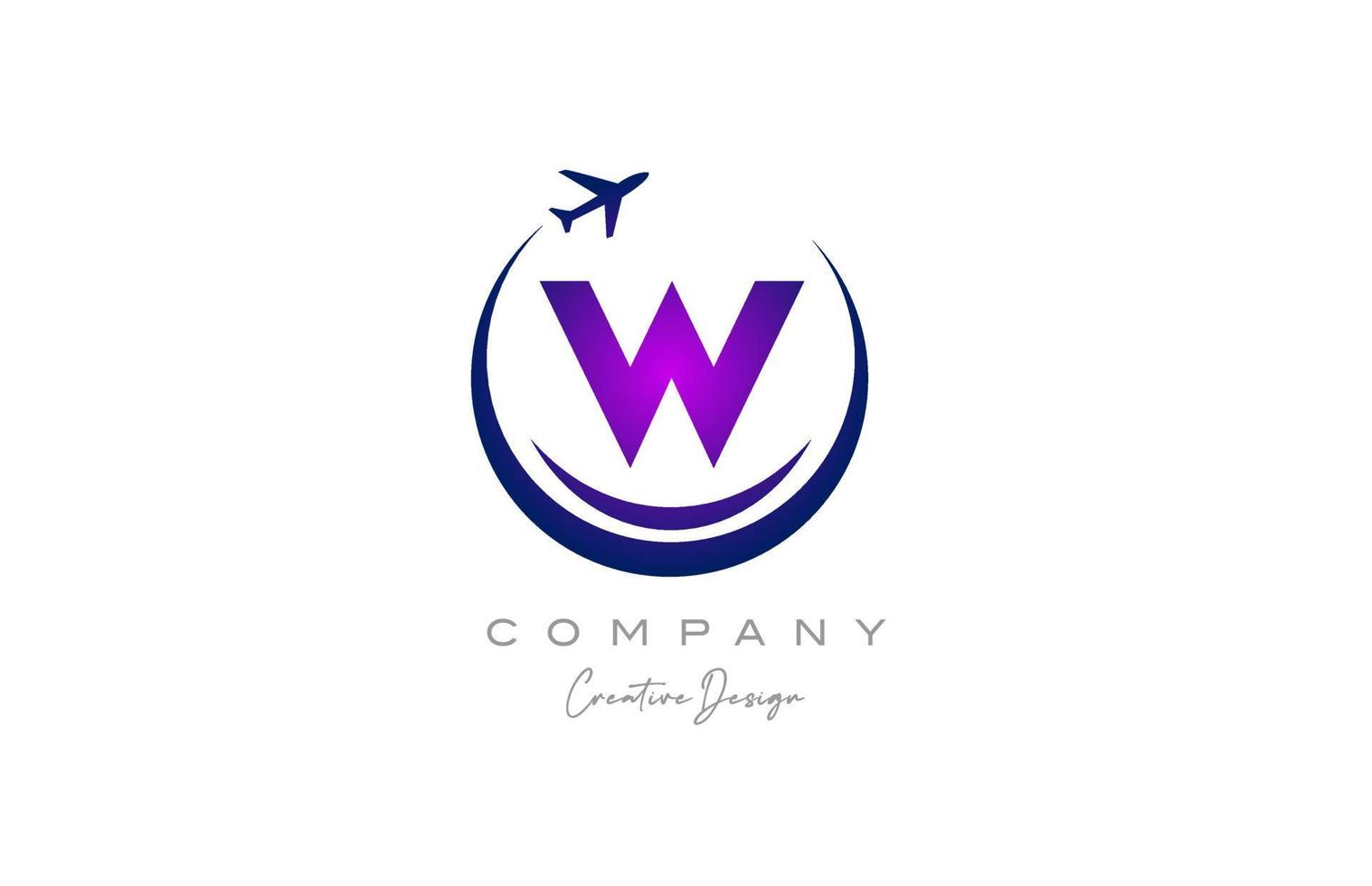 W alphabet letter logo with plane for a travel or booking agency in purple. Corporate creative template design for company and business vector