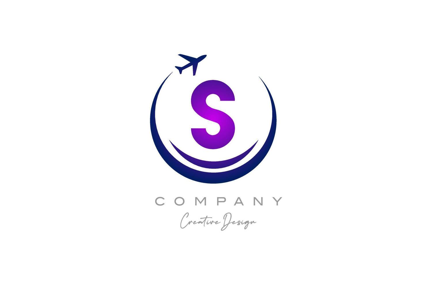 S alphabet letter logo with plane for a travel or booking agency in purple. Corporate creative template design for company and business vector
