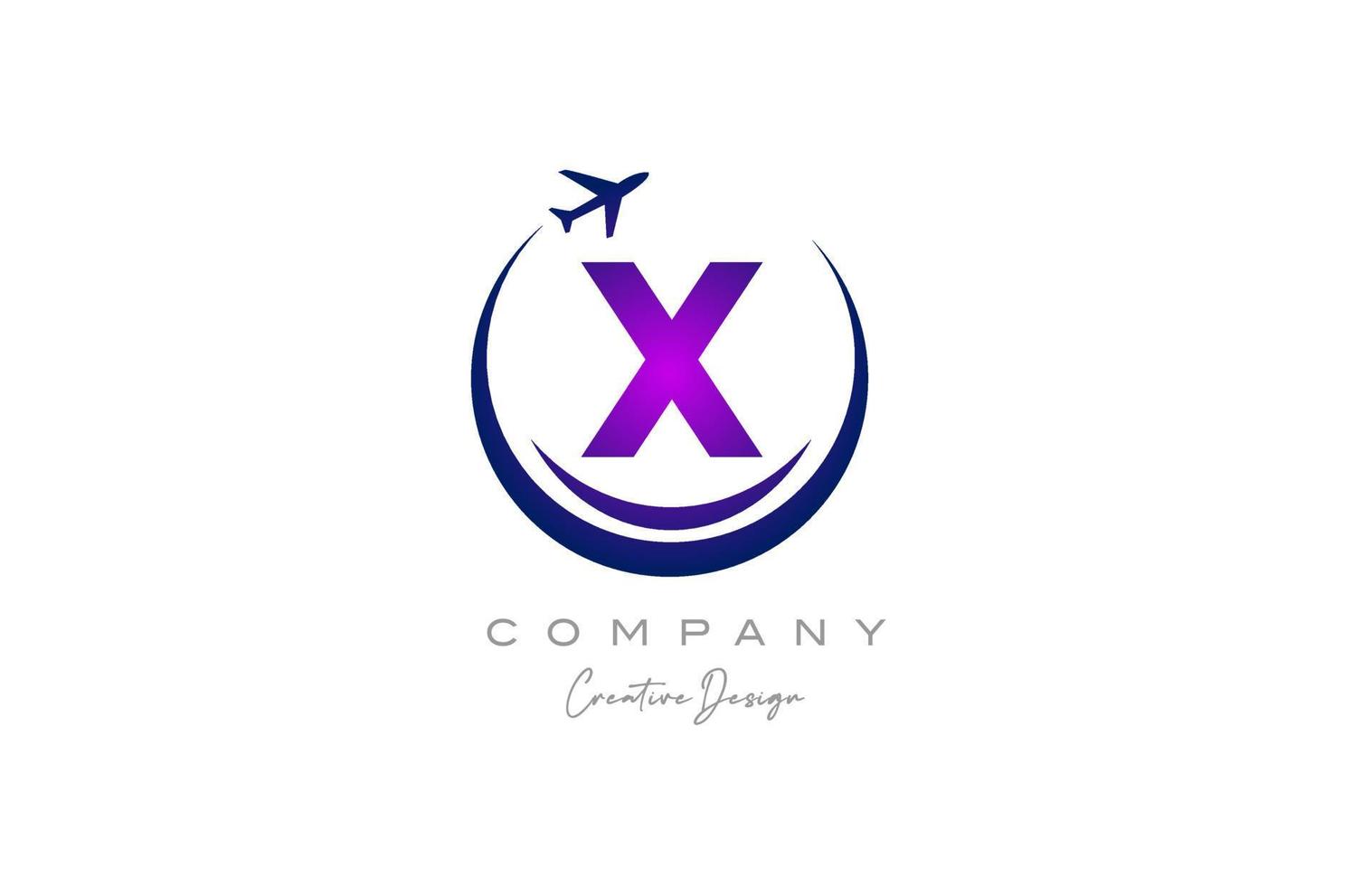 X alphabet letter logo with plane for a travel or booking agency in purple. Corporate creative template design for company and business vector