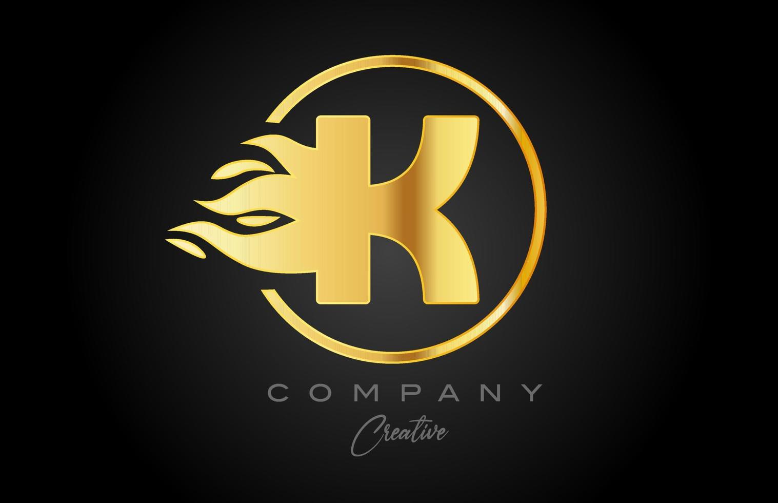gold golden K alphabet letter icon for corporate with flames. Fire