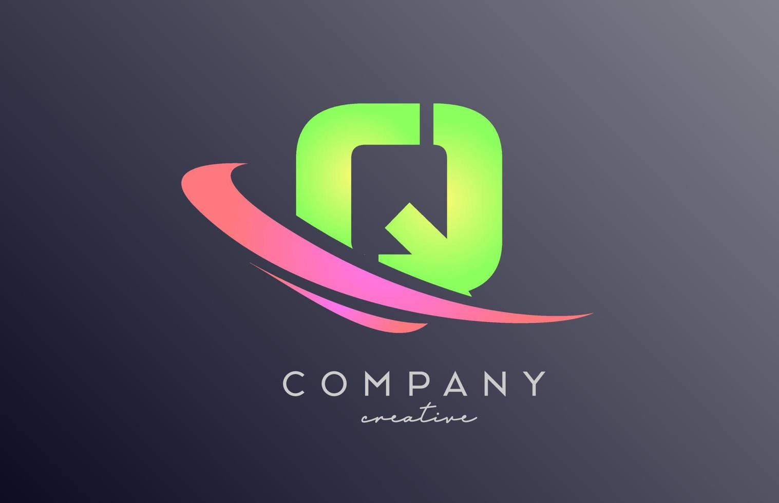 green pink Q alphabet letter logo icon with swoosh. Creative template design for business and company vector
