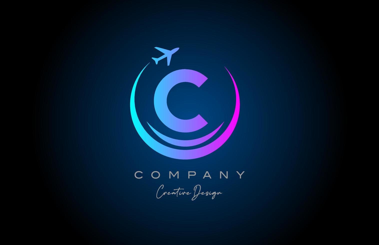 blue pink C alphabet letter logo with plane for a travel or booking agency. Corporate creative template design for company and business vector