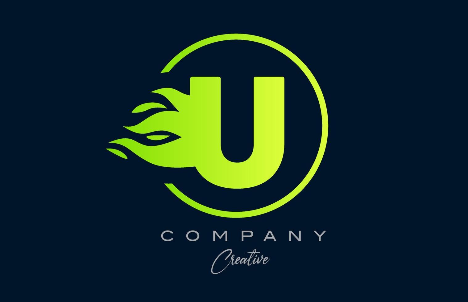 U alphabet letter icon for corporate with green flames. Fire design suitable for a logo company vector