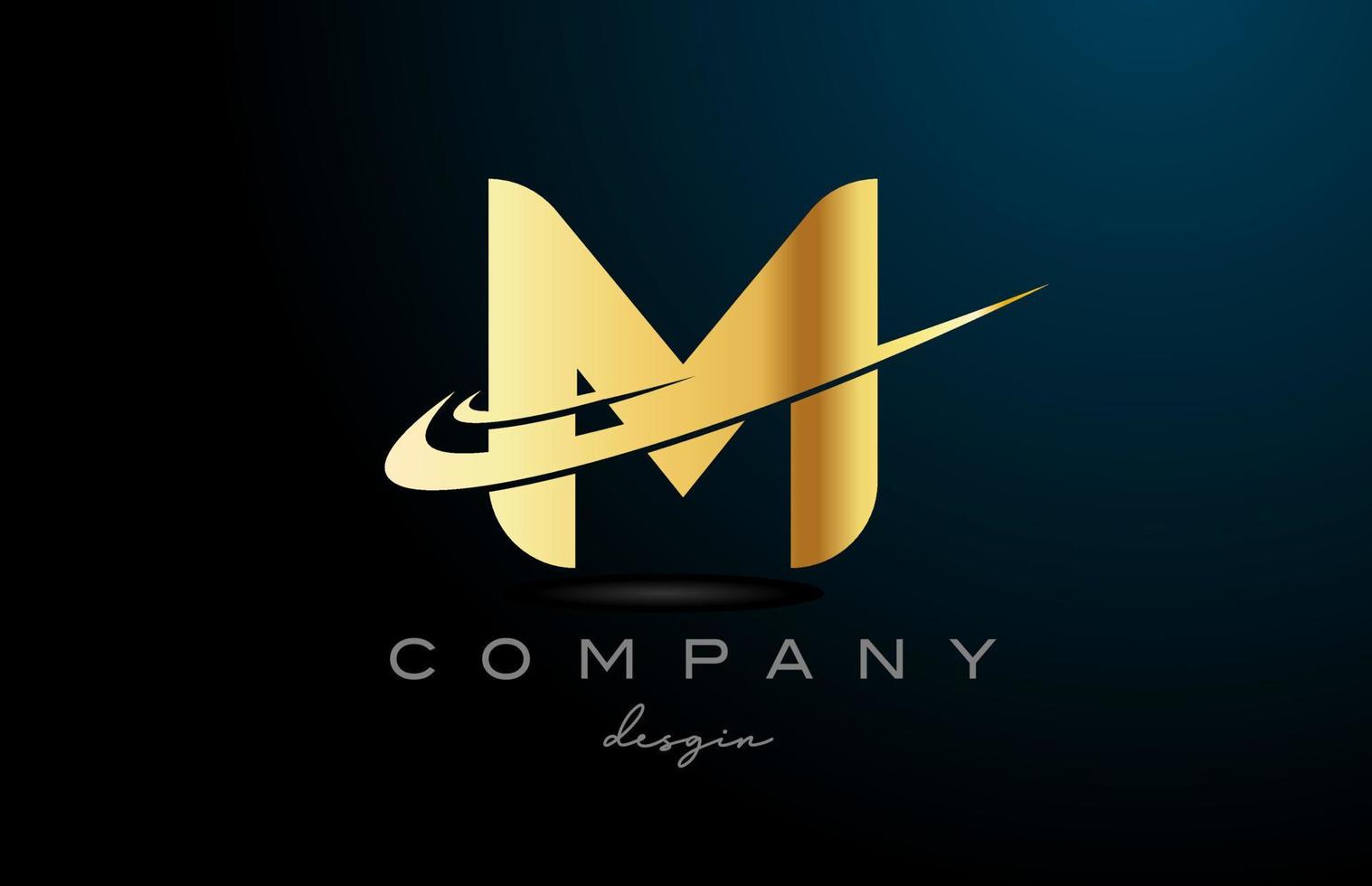 M alphabet letter logo with double swoosh in gold golden color. Corporate creative template design for company vector