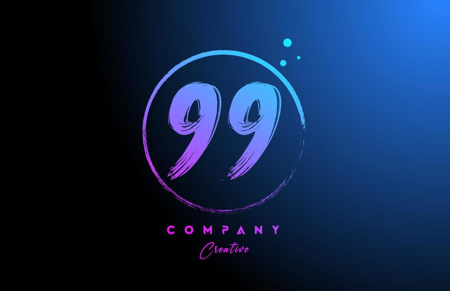 99 grunge number letter logo icon design with dots and circle. Blue pink gradient creative template for company and business vector