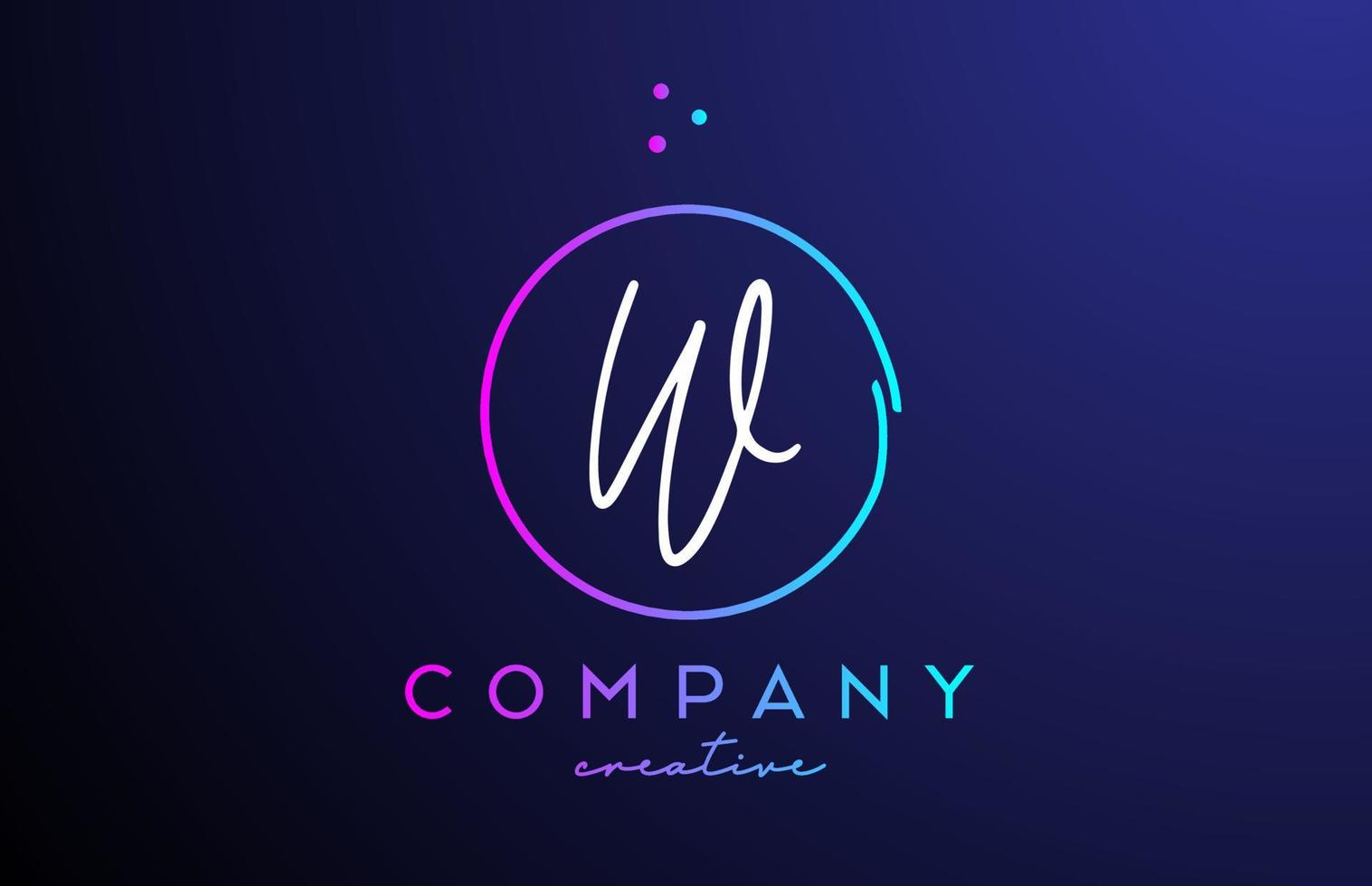 W handwritten alphabet letter logo with dots and pink blue circle. Corporate creative template design for business and company vector