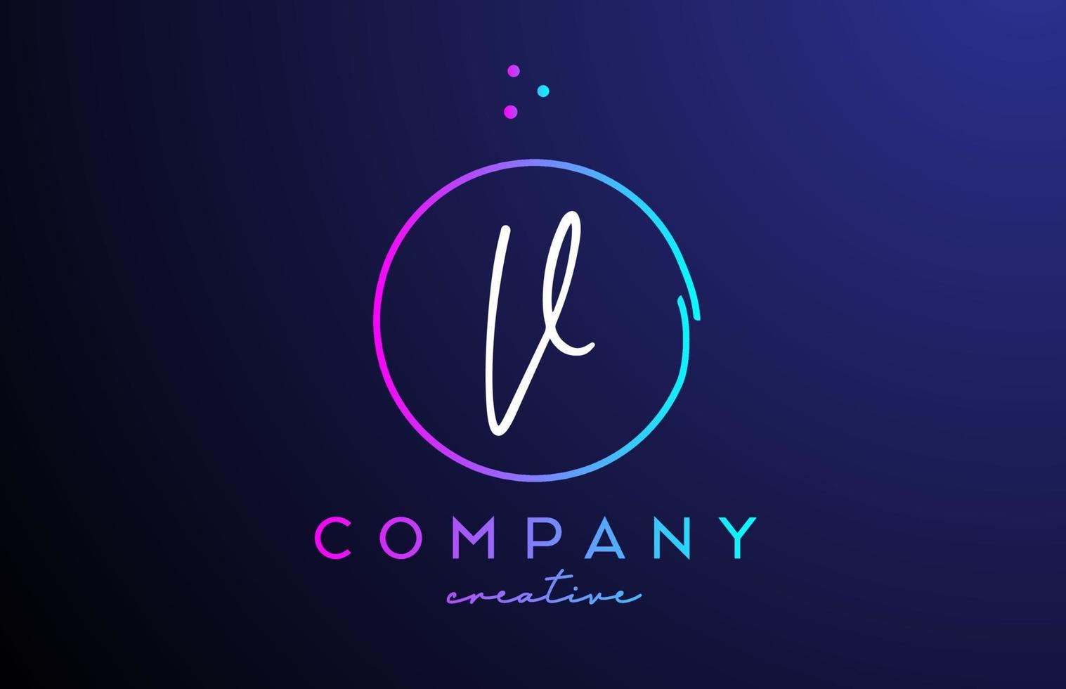 V handwritten alphabet letter logo with dots and pink blue circle. Corporate creative template design for business and company vector