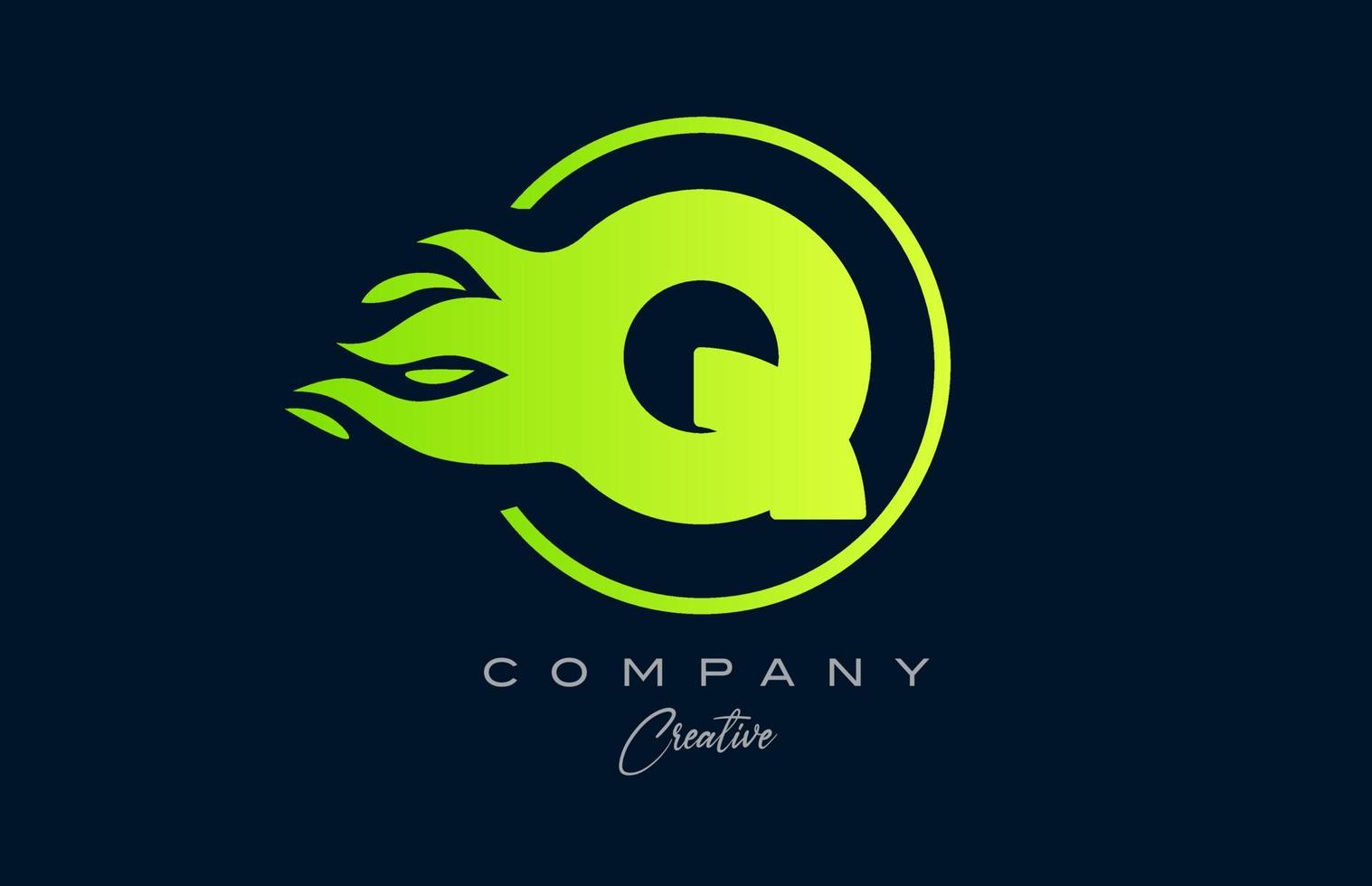 Q alphabet letter icon for corporate with green flames. Fire design suitable for a logo company vector