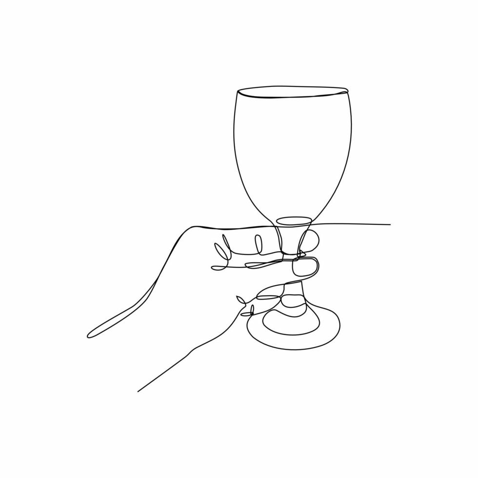 Draw one continuous line. Hand holding with wine glass. Vector illustration