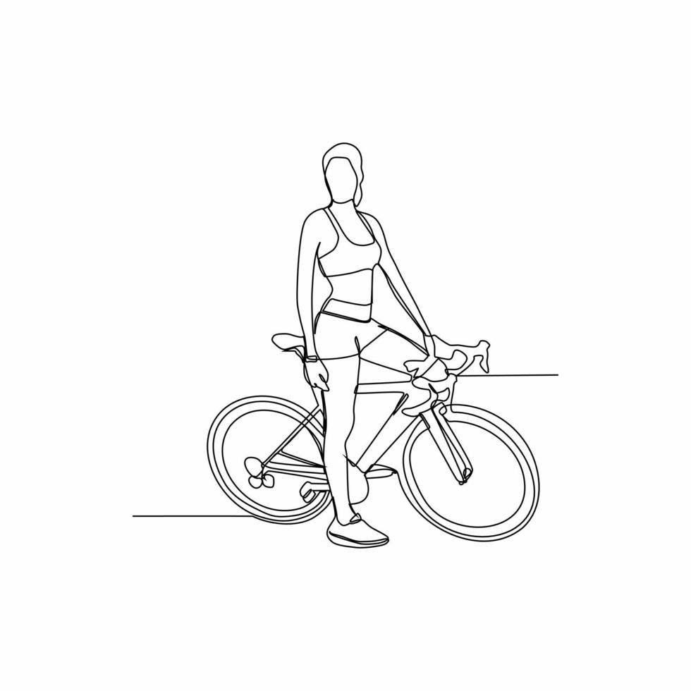 continuous line of women on bicycles vector