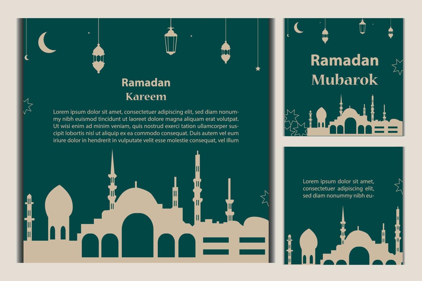 Set of Square social media post template in green, white, and blue and gold with lantern design. Iftar mean is ramadan. social media template with islamic background design vector