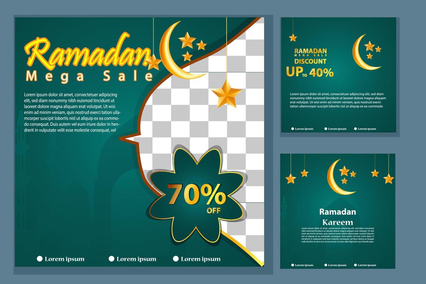 Set of Square social media post template Mega sale promotion with  modern lantern  gold design. Iftar mean is Ramadan. social media template with Islamic background design vector