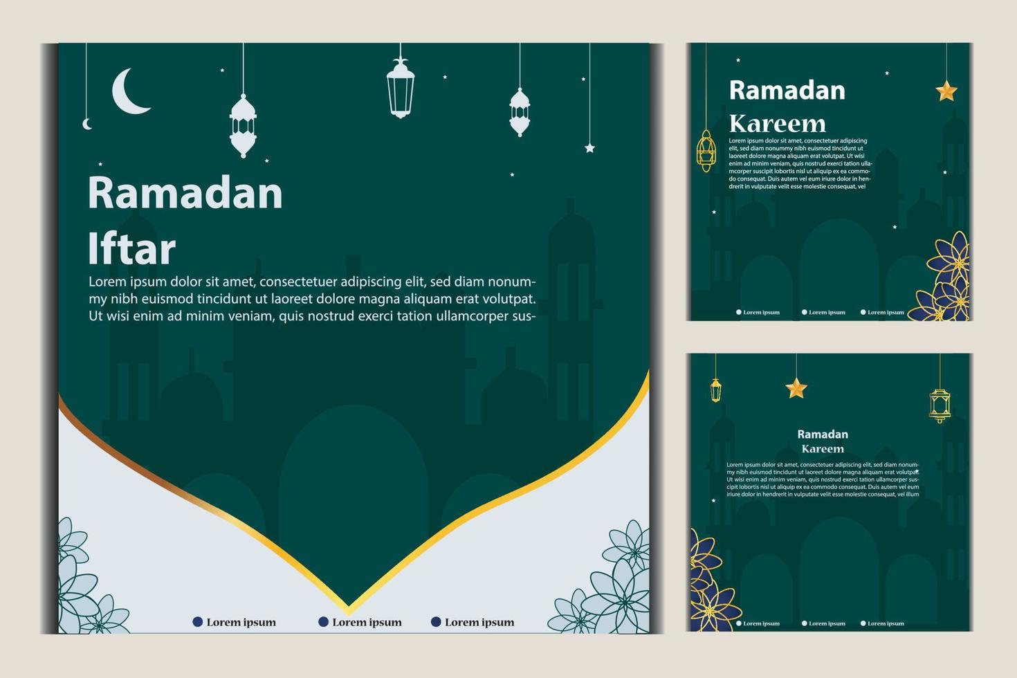 Set of Square social media post template in green, white, and blue and gold with lantern design. Iftar mean is ramadan. social media template with islamic background design vector