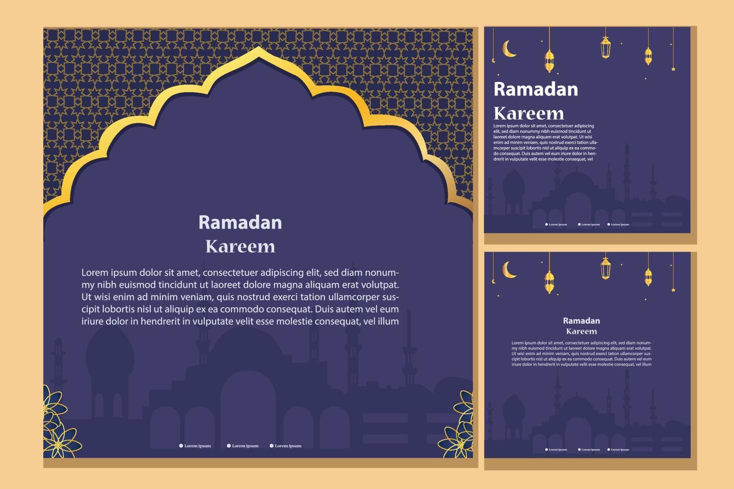 Set of Square social media post template in green, white, and blue and gold with lantern design. Iftar mean is ramadan. social media template with islamic background design vector