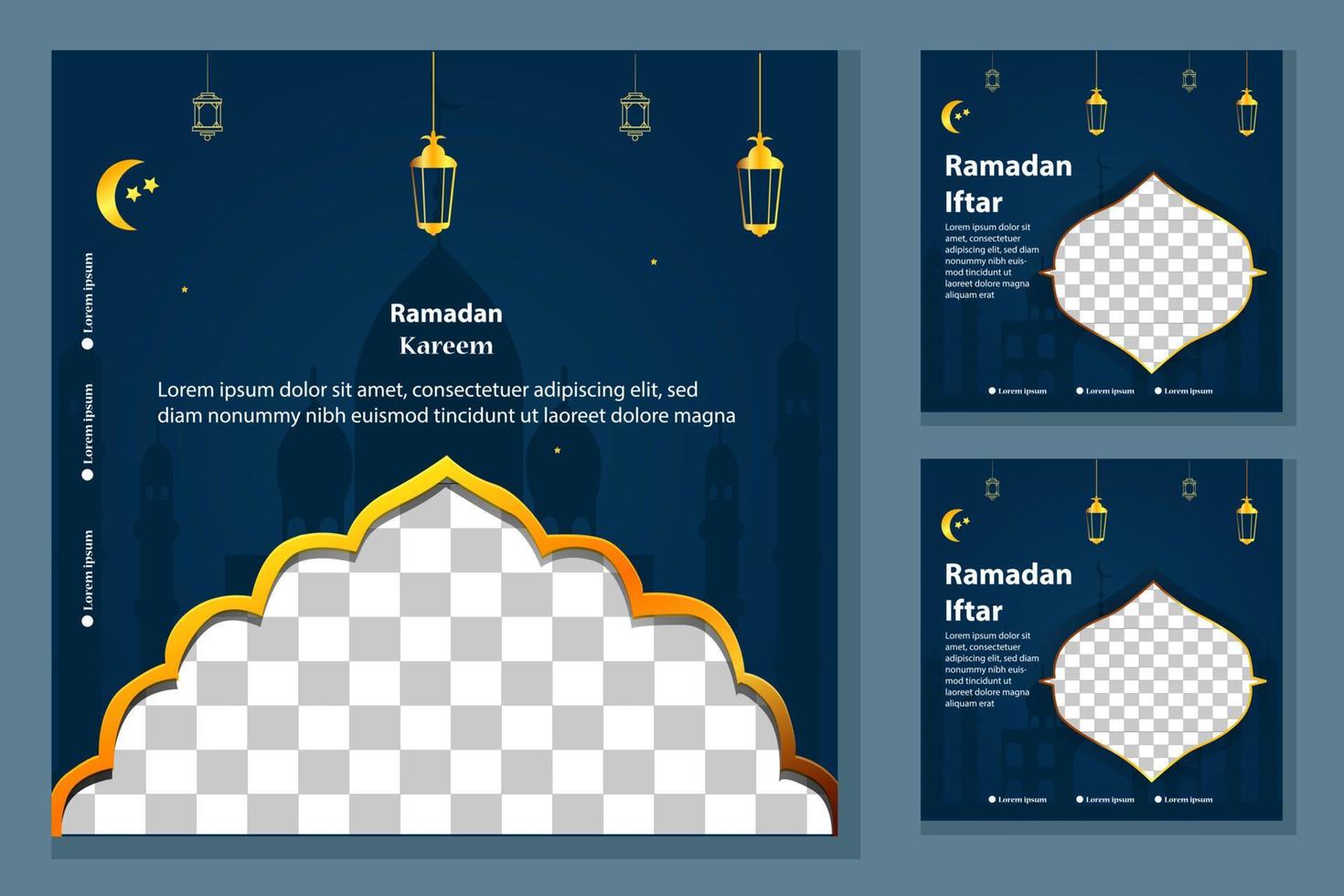 Set of Square social media post template Mega sale promotion with  modern lantern  gold design. Iftar mean is Ramadan. social media template with Islamic background design vector