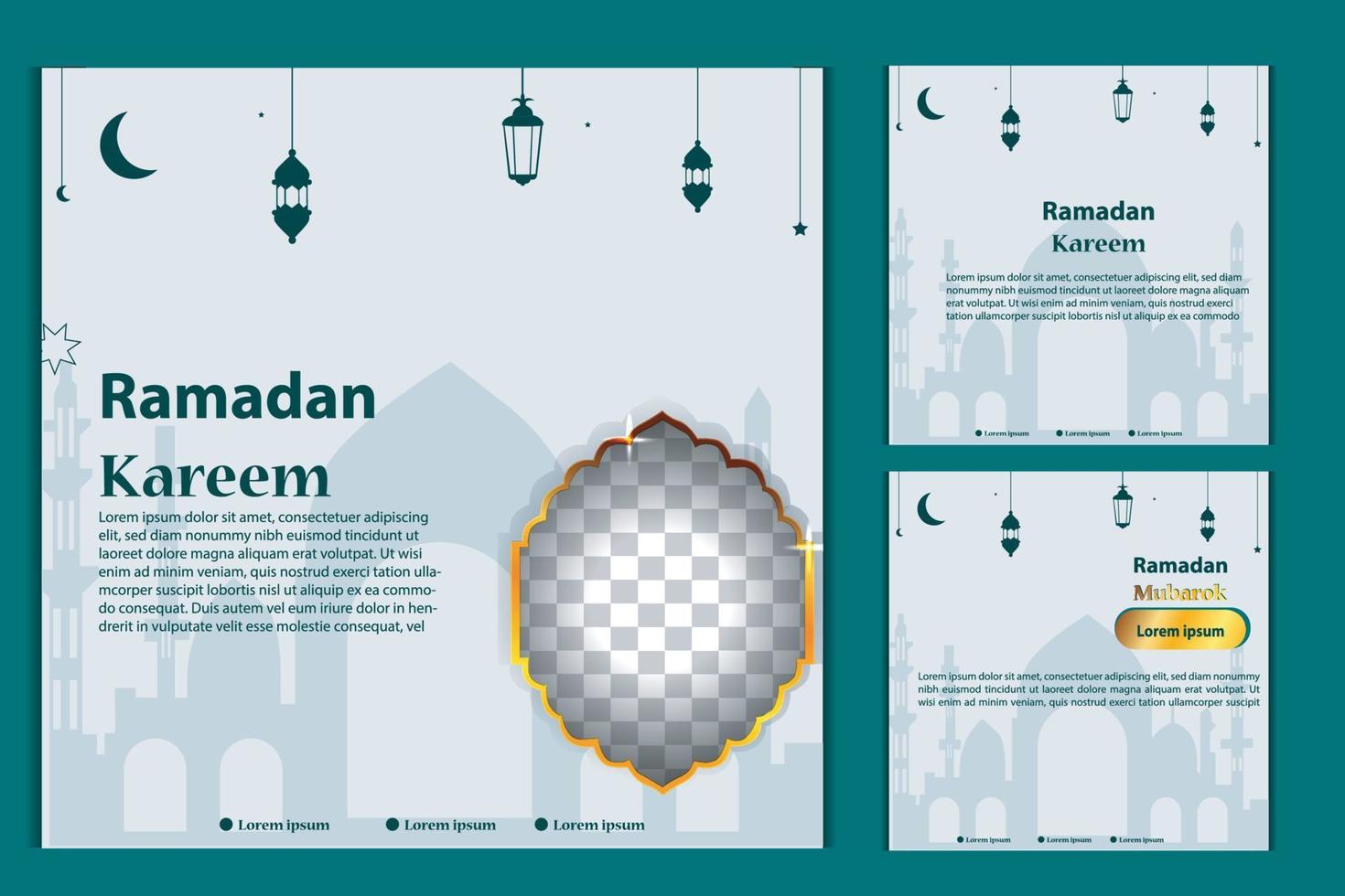 Set of Square social media post template in green, white, and blue and gold with lantern design. Iftar mean is ramadan. social media template with islamic background design vector