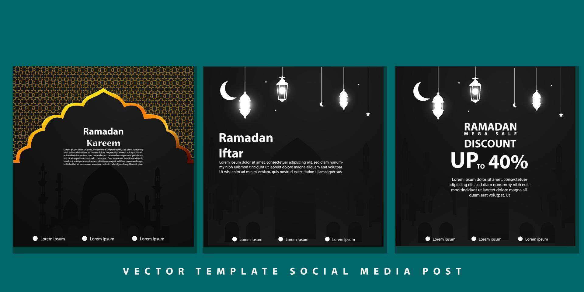 Set of Square social media post template Mega sale promotion with modern lantern gold design. Iftar mean is Ramadan. social media template with Islamic background design vector