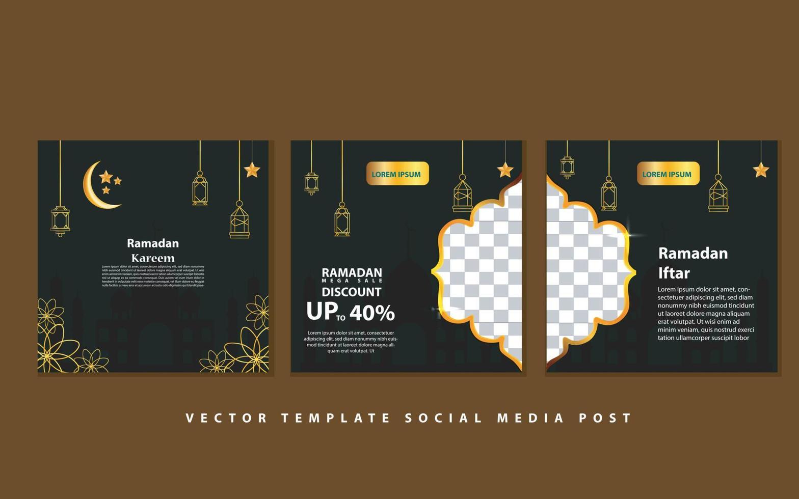 Set of Square social media post template Mega sale promotion with modern lantern gold design. Iftar mean is Ramadan. social media template with Islamic background design vector