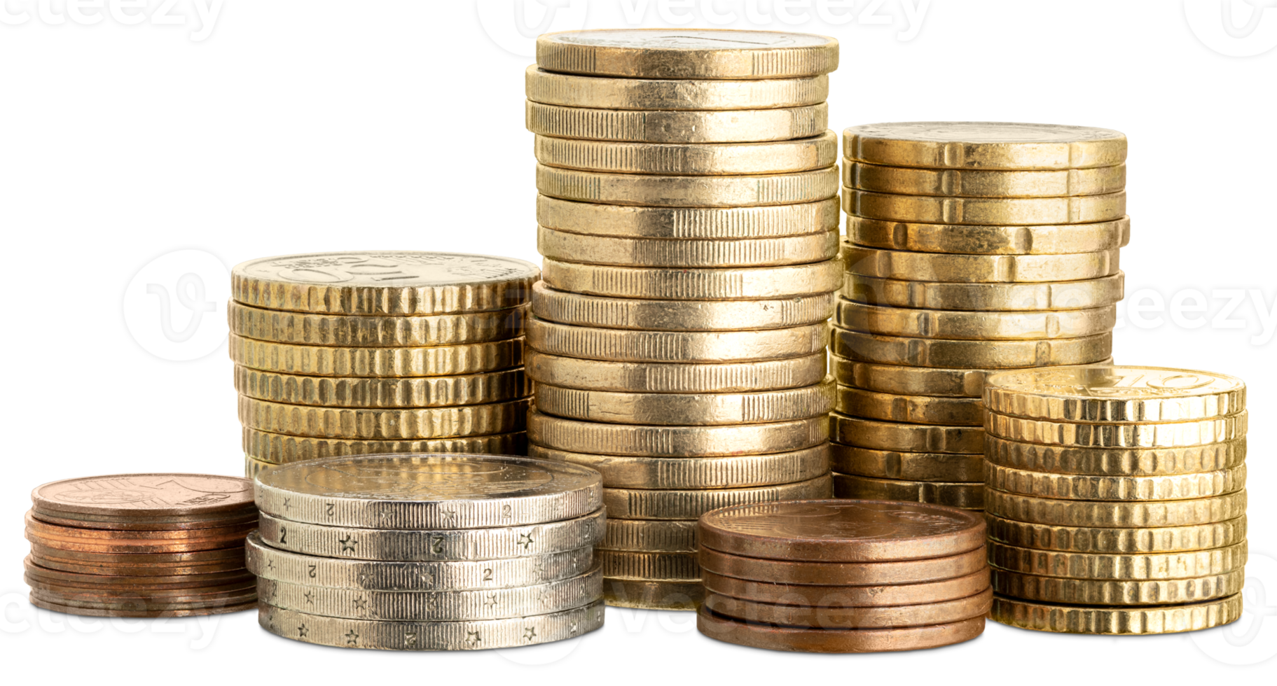 Close up of euro coins stacked isolated png