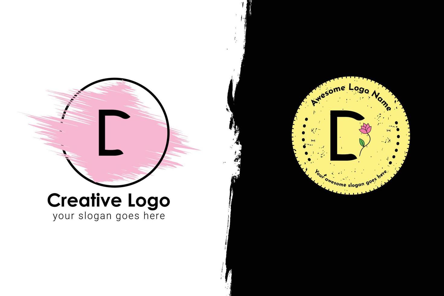 Feminine badge D letter logo. Elegant watercolor background logo with round frame. Beautiful badge for branding and card composition design concept. Letter logo with flower. vector