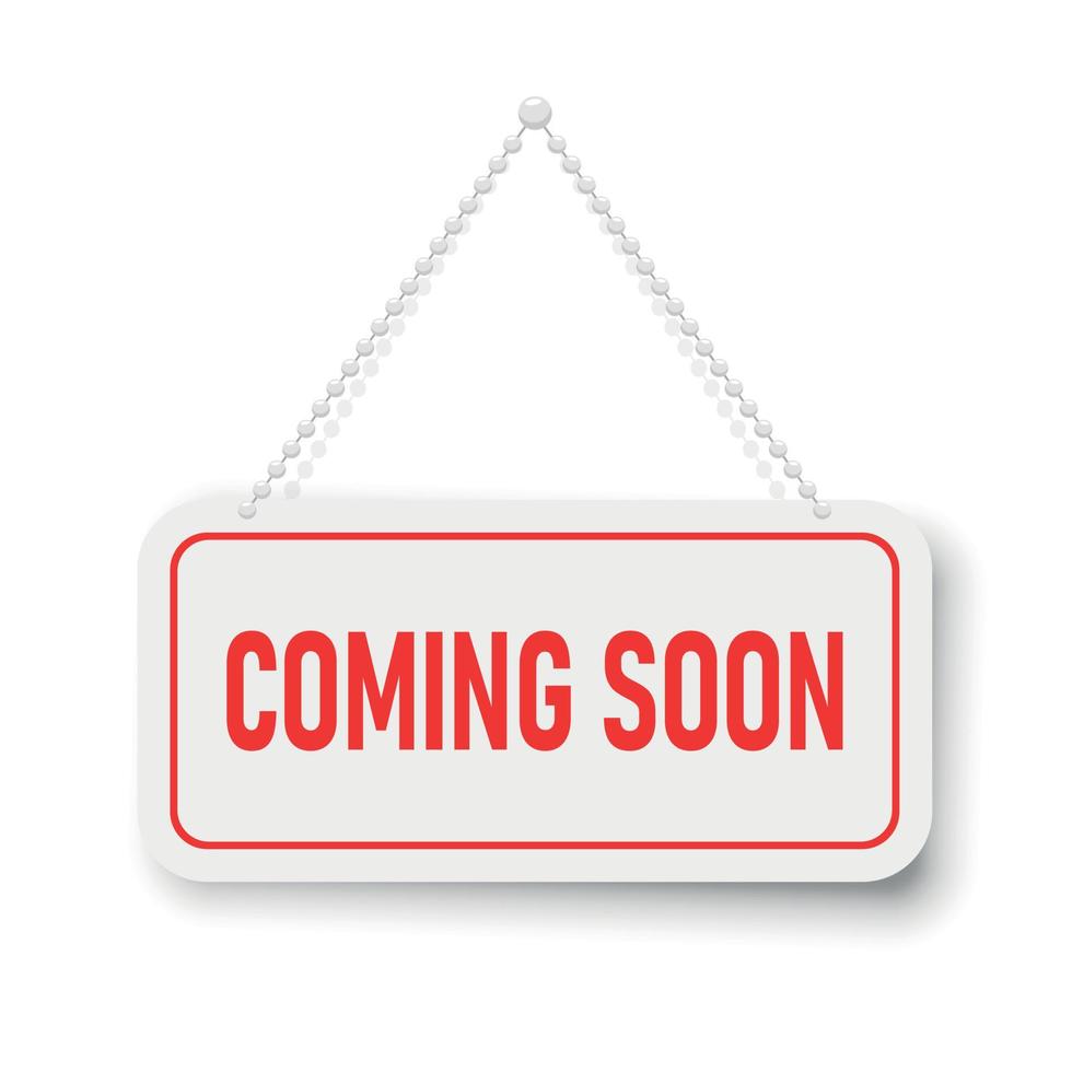 Coming soon banner icon in flat style. Promotion label vector illustration on isolated background. Open poster sign business concept.