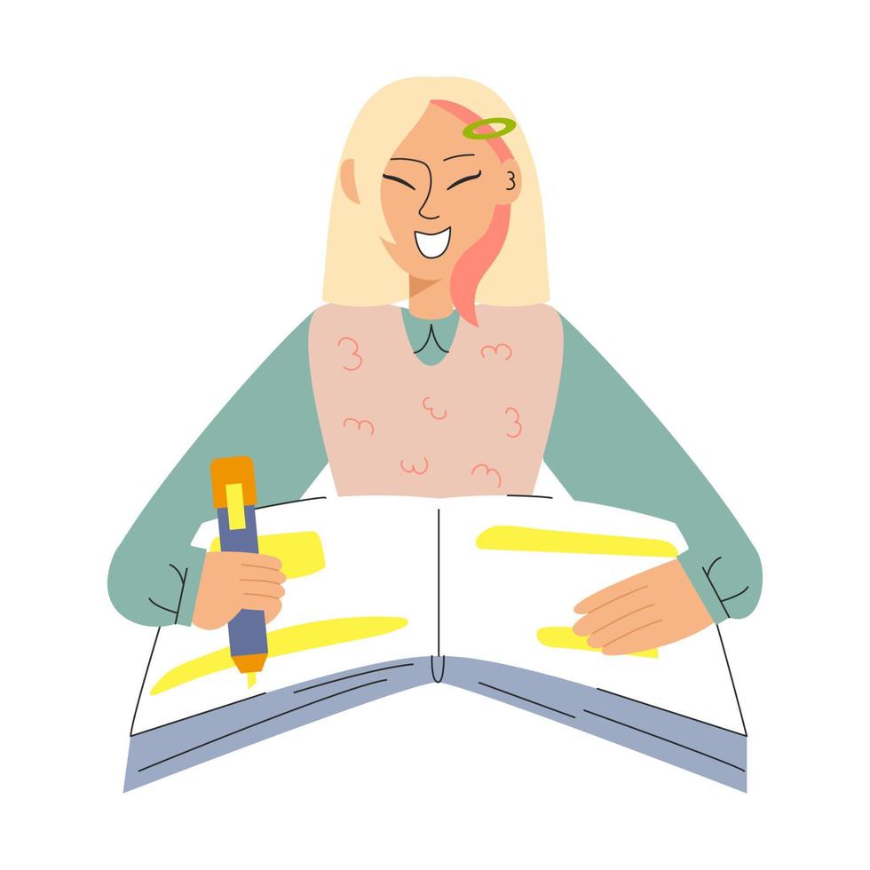 The girl makes notes in a notebook with a marker. Study concept vector