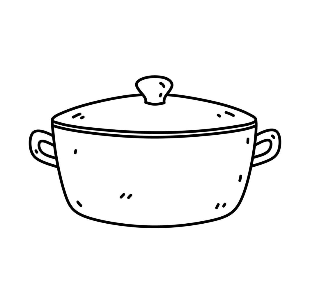 Cooking pot isolated on white background. Kitchen utensils. Vector hand-drawn doodle illustration. Perfect for decorations, logo, various designs.