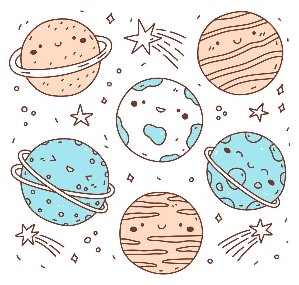 Set of cute smiling planets and stars isolated on white background. Vector hand-drawn illustration in doodle style. Kawaii characters. Perfect for decorations, logo, various designs.