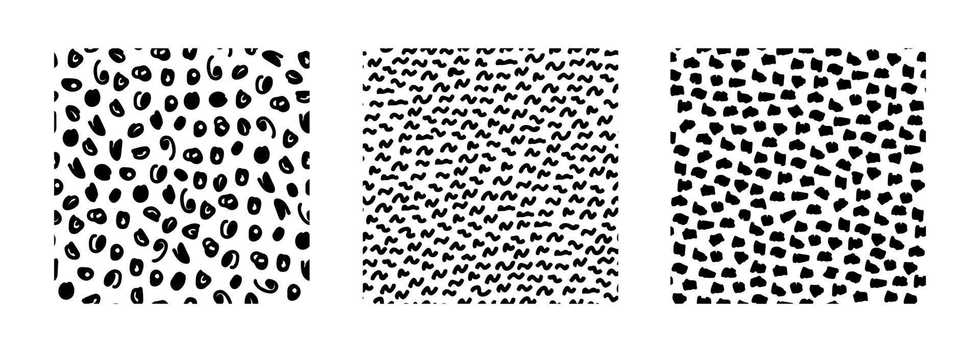 Set of abstract seamless patterns with textures. Black and white simple backgrounds with scribbles. Vector hand-drawn illustration. Perfect for decorations, wallpaper, wrapping paper, fabric, print.