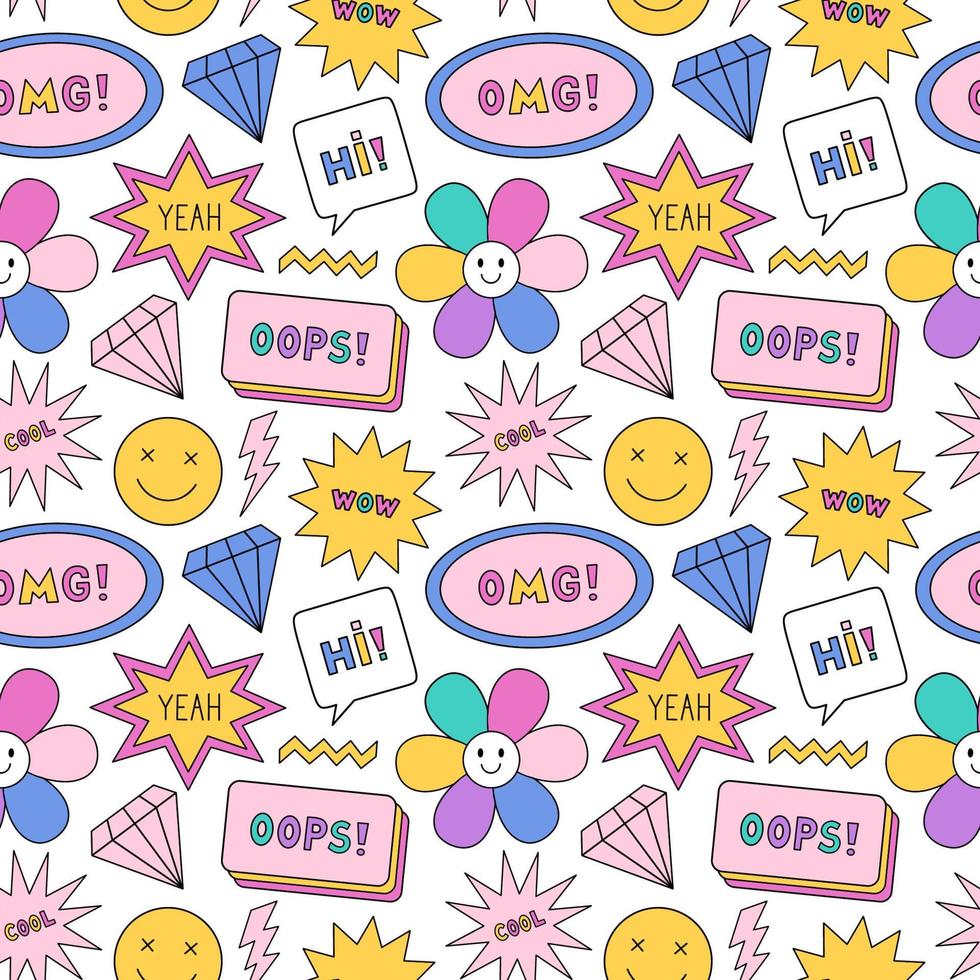 Bright seamless pattern in the style of the 90s. Colorful diamonds, smile faces, stars, lightning, speech bubbles  on white background. Nostalgia for the 1990s. Funny cool print. vector