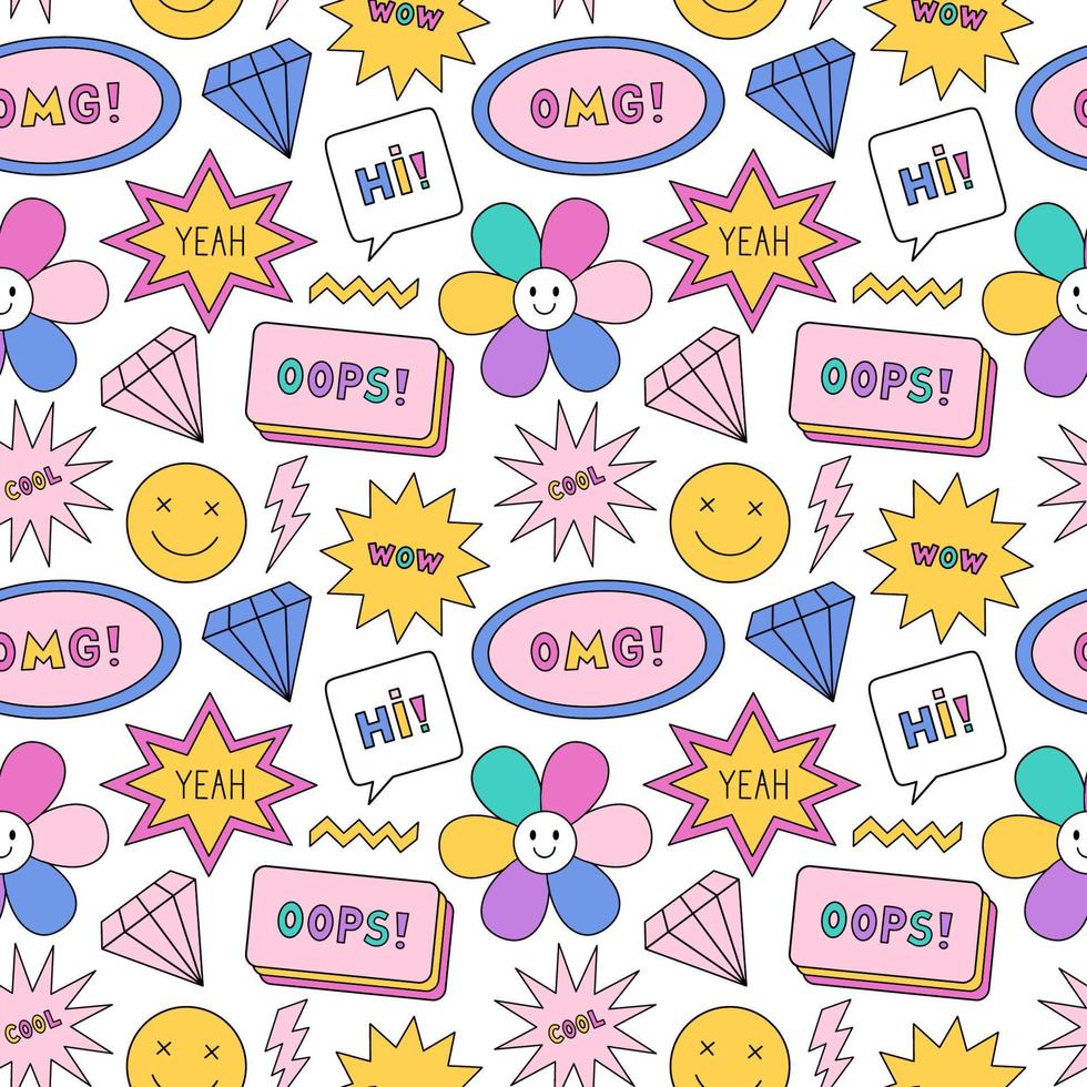 Bright seamless pattern in the style of the 90s. Colorful diamonds, smile faces, stars, lightning, speech bubbles  on white background. Nostalgia for the 1990s. Funny cool print. vector