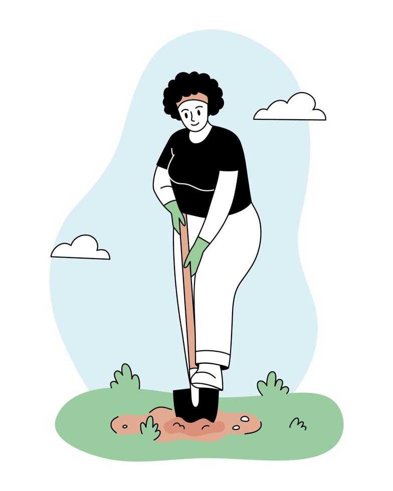 Woman digging up ground with shovel. Spring gardening concept. Linear vector illustration.