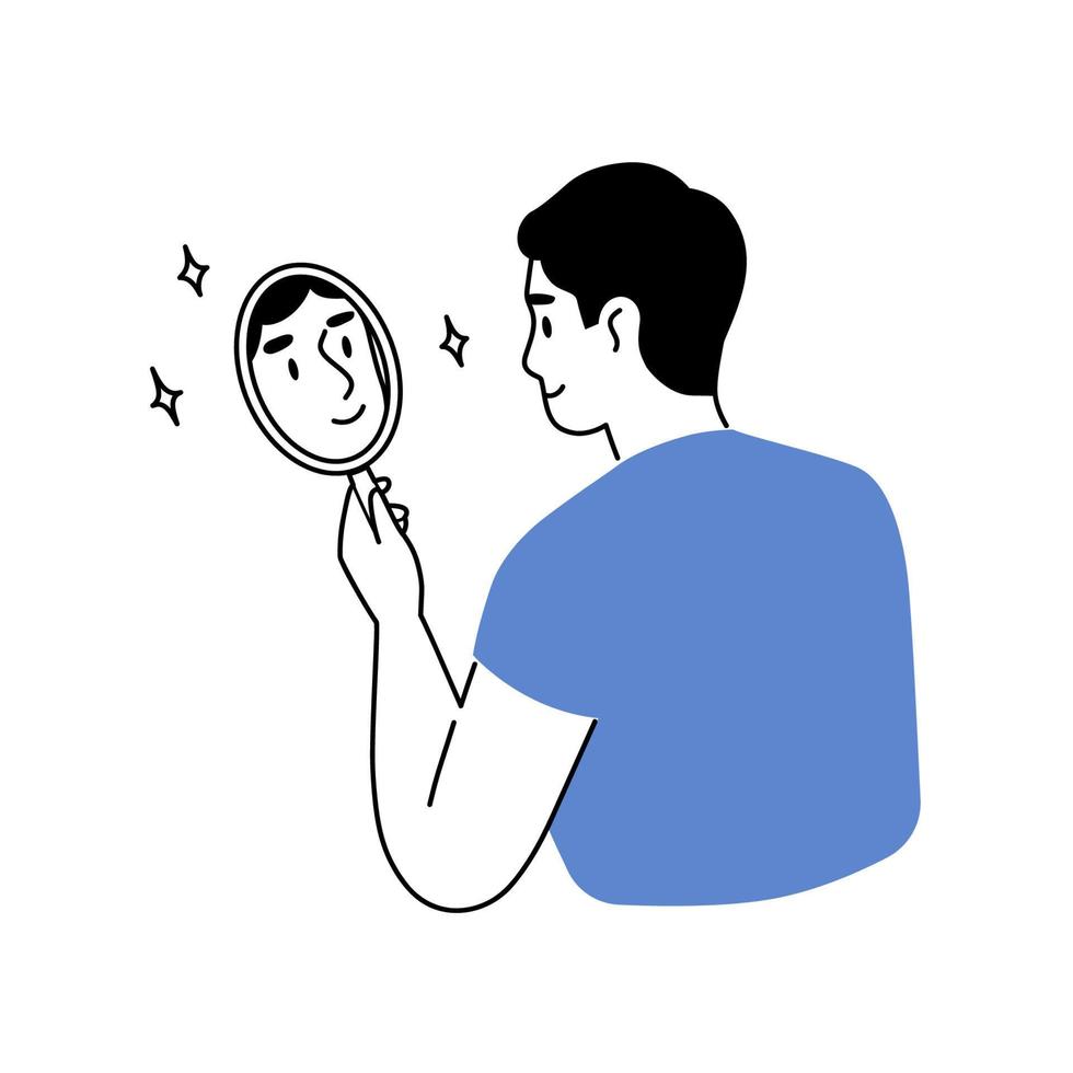 Young man looking through the mirror and smiling. Love yourself, self care, self acceptance concept. Linear vector illustration.