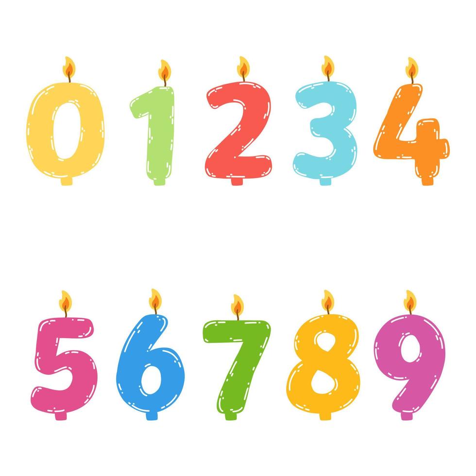 Hand drawn colorful birthday candles numbers with burning flame. Vector illustration of design element for birthday cakes in flat style