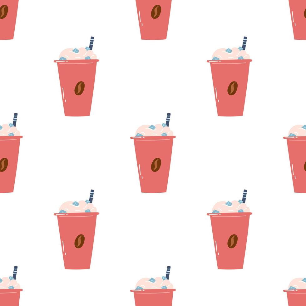 Seamless pattern with iced coffee in paper cup with cream and straw. Flat hand drawn vector background with cold drink for wrapping paper, web design