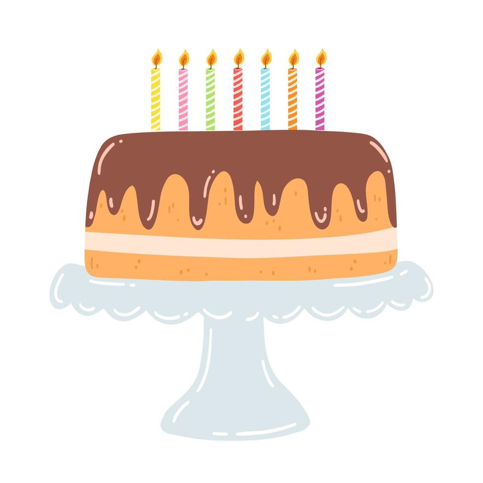 cumpleaños pastel en un estar con velas en plano estilo. mano dibujado vector ilustración de chocolate pastel con crema, dulce postre, Pastelería comida