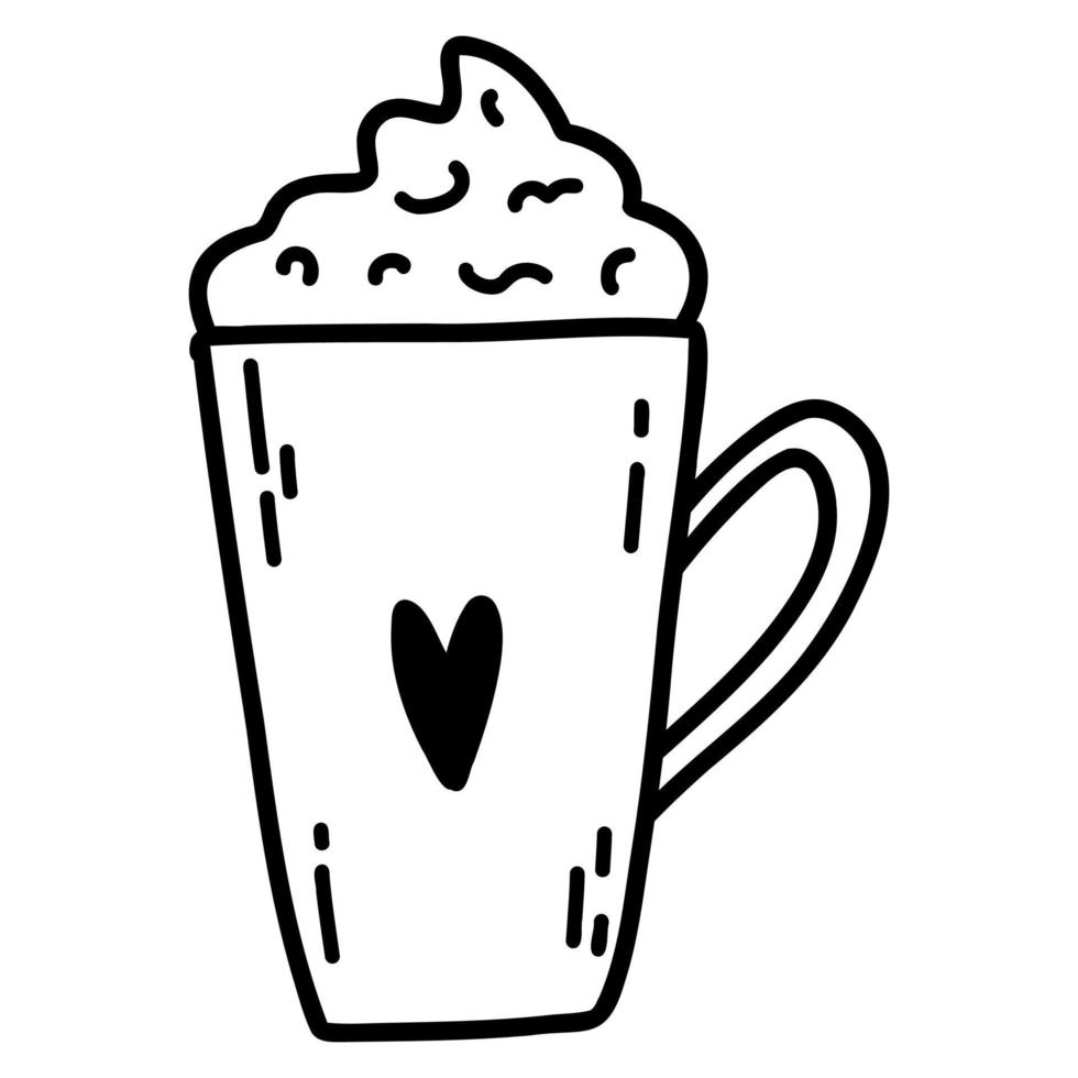 Hand drawn doodle cup with drink and whipped cream. Outline vector illustration of coffee, cocoa, mocha, milkshake