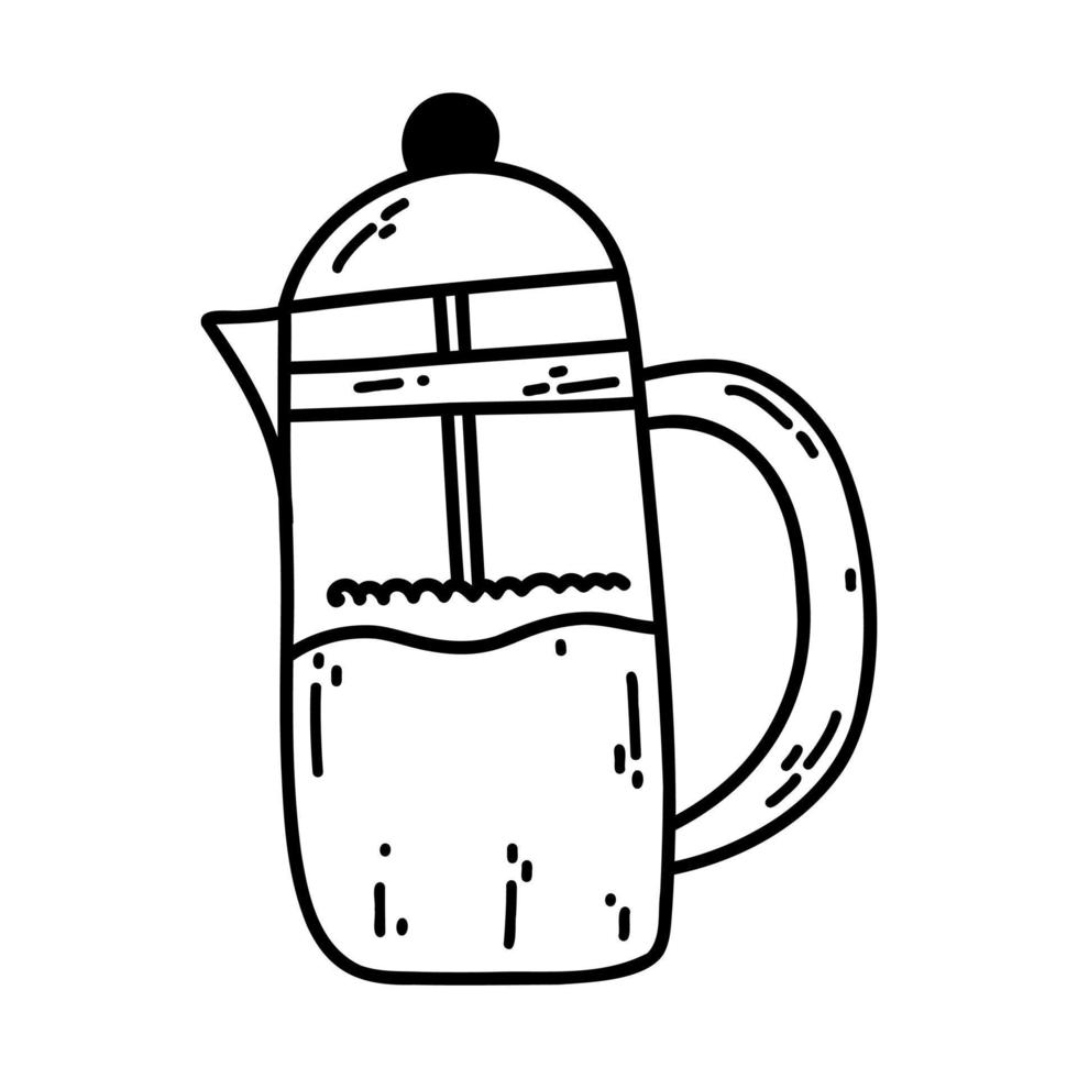 Hand drawn doodle French press coffeemaker. Outline vector illustration of coffee machine icon, design element