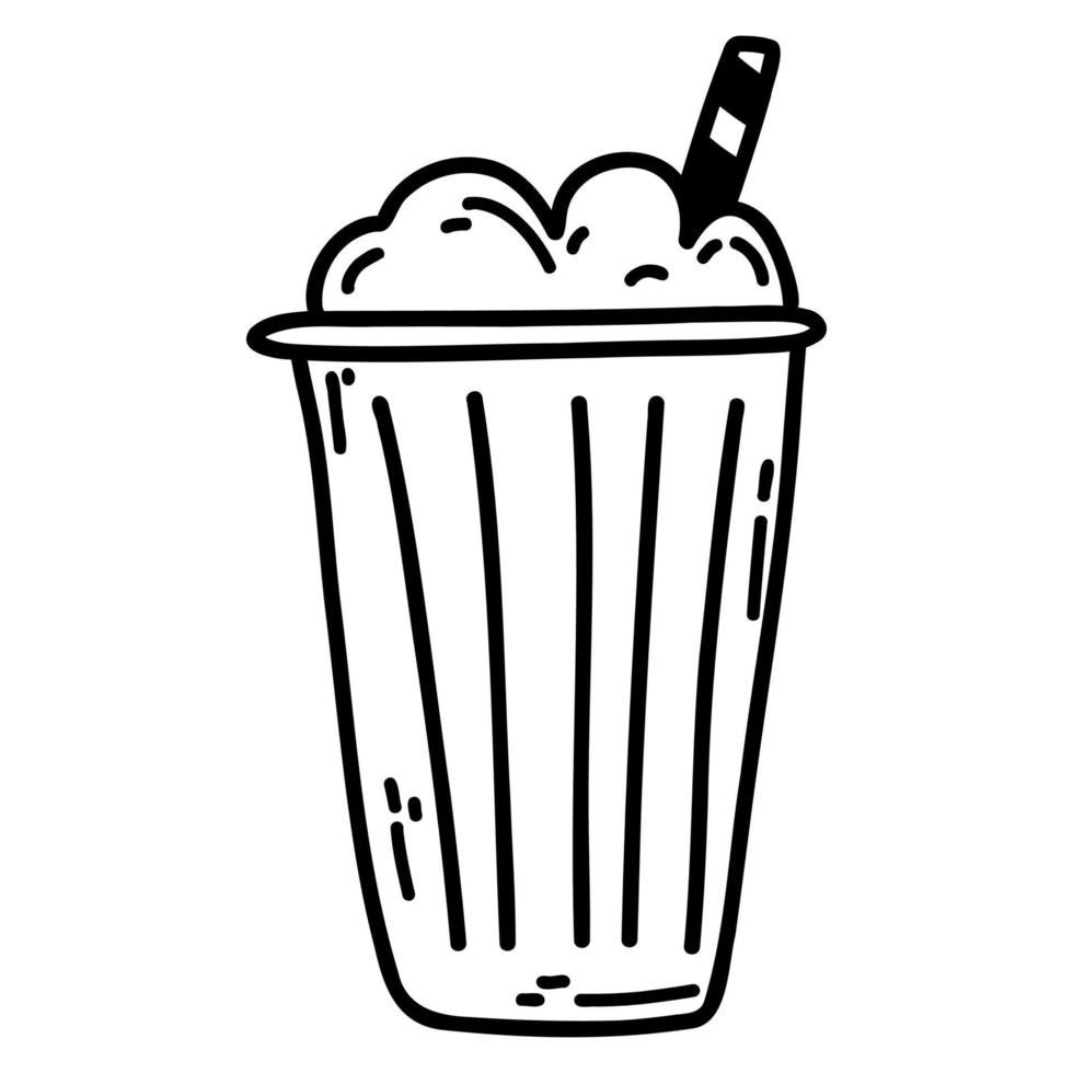 Paper cup with cream and straw. Doodle hand drawn vector illustration of cold drink, icon, design element