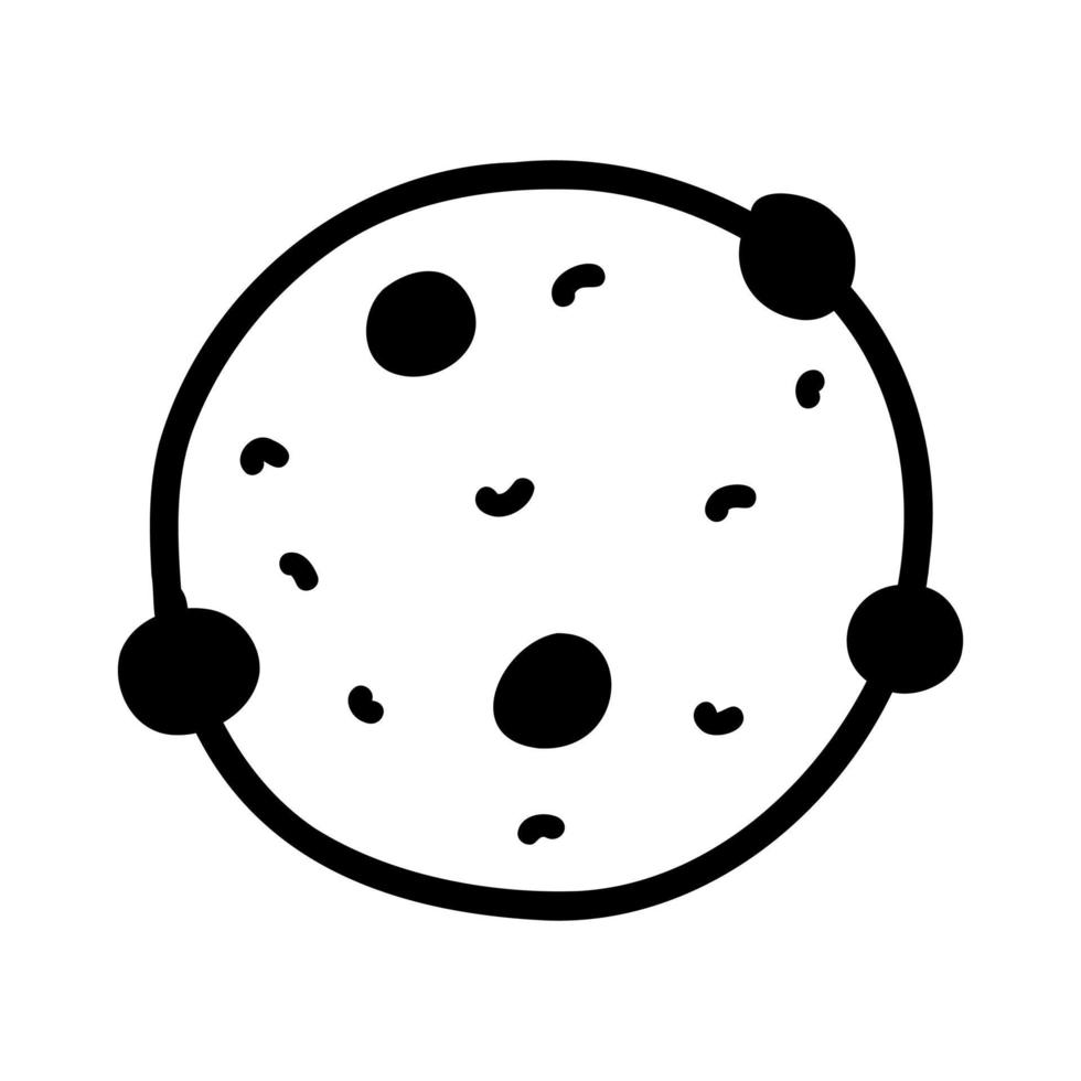 Hand drawn doodle cookie with chocolate crisps. Outline vector illustration of biscuit with chocolate or raisins, baking, confectionery