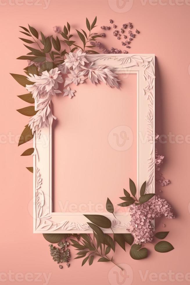 Empty white frame on pink background with flowers and leaves on the corner photo