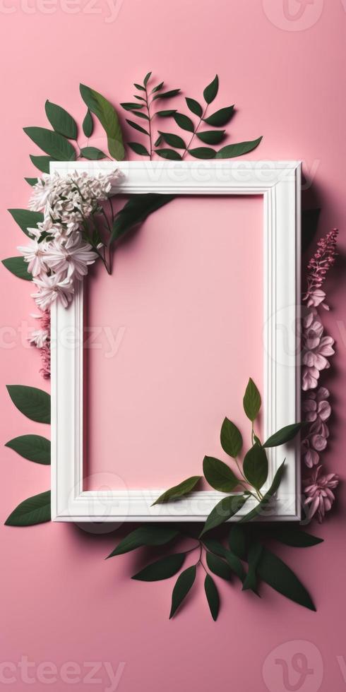 vacío blanco marco en rosado antecedentes con flores y hojas en el esquina foto