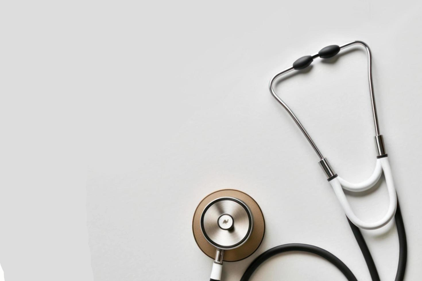 Top view of stethoscope on color  background with empty copy space, flat design. Health medical concept. photo