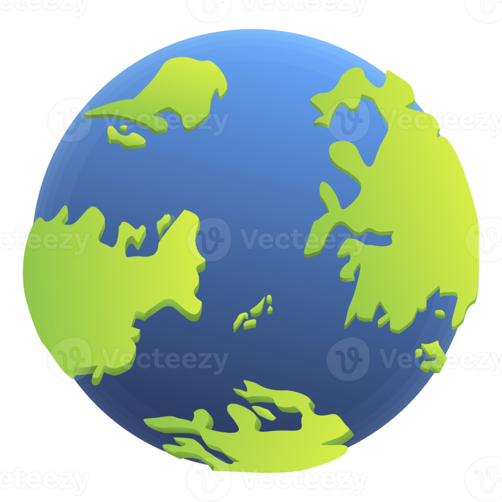 Earth planet. Globe texture map in flat style. Earth view from space. Green and blue planet solar system. Colorful png illustration.
