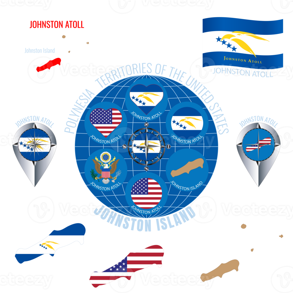 Set of illustrations of flag, contour map, money, icons of JOHNSTON ATOLL. Territories of the United States. Travel concept. png