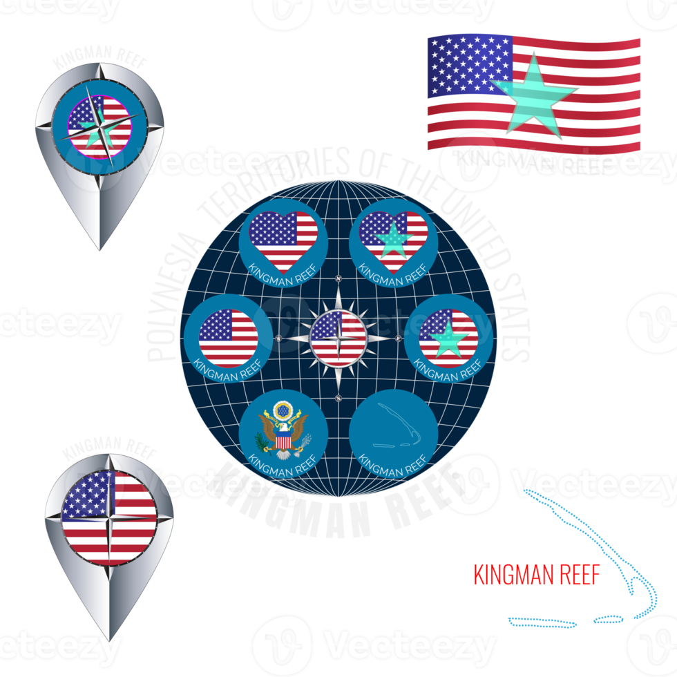 Set of  illustrations of KINGMAN REEF flag, outline map, coat of arms, icons. US territories. Travel concept. png