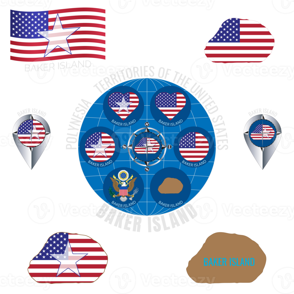 Set of illustrations of flag, contour map, money, icons of BAKER ISLAND. Territories of the United States. Travel concept. png