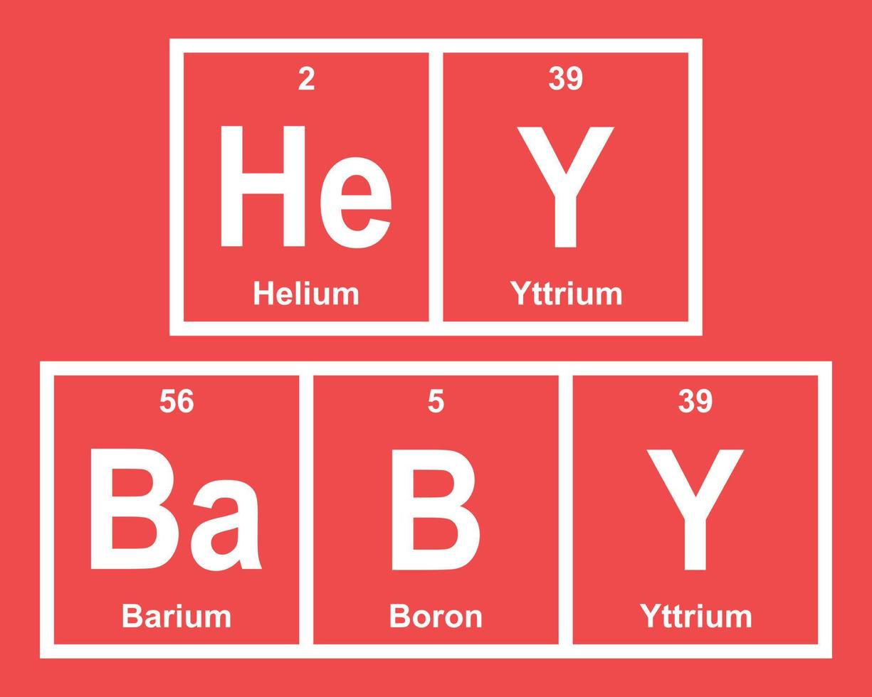 Oye bebé. helio, itrio, bario y boro. gracioso frase con el periódico mesa de el químico elementos en un rojo antecedentes. vector