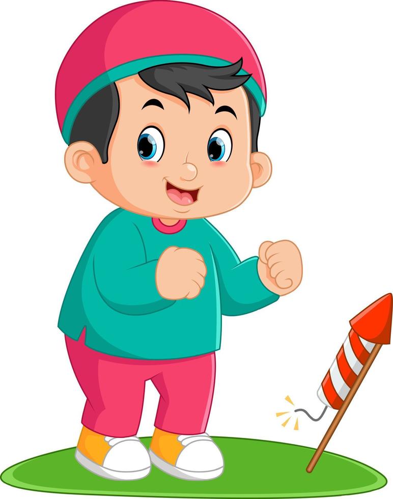 a Muslim boy happy by setting off big fireworks vector